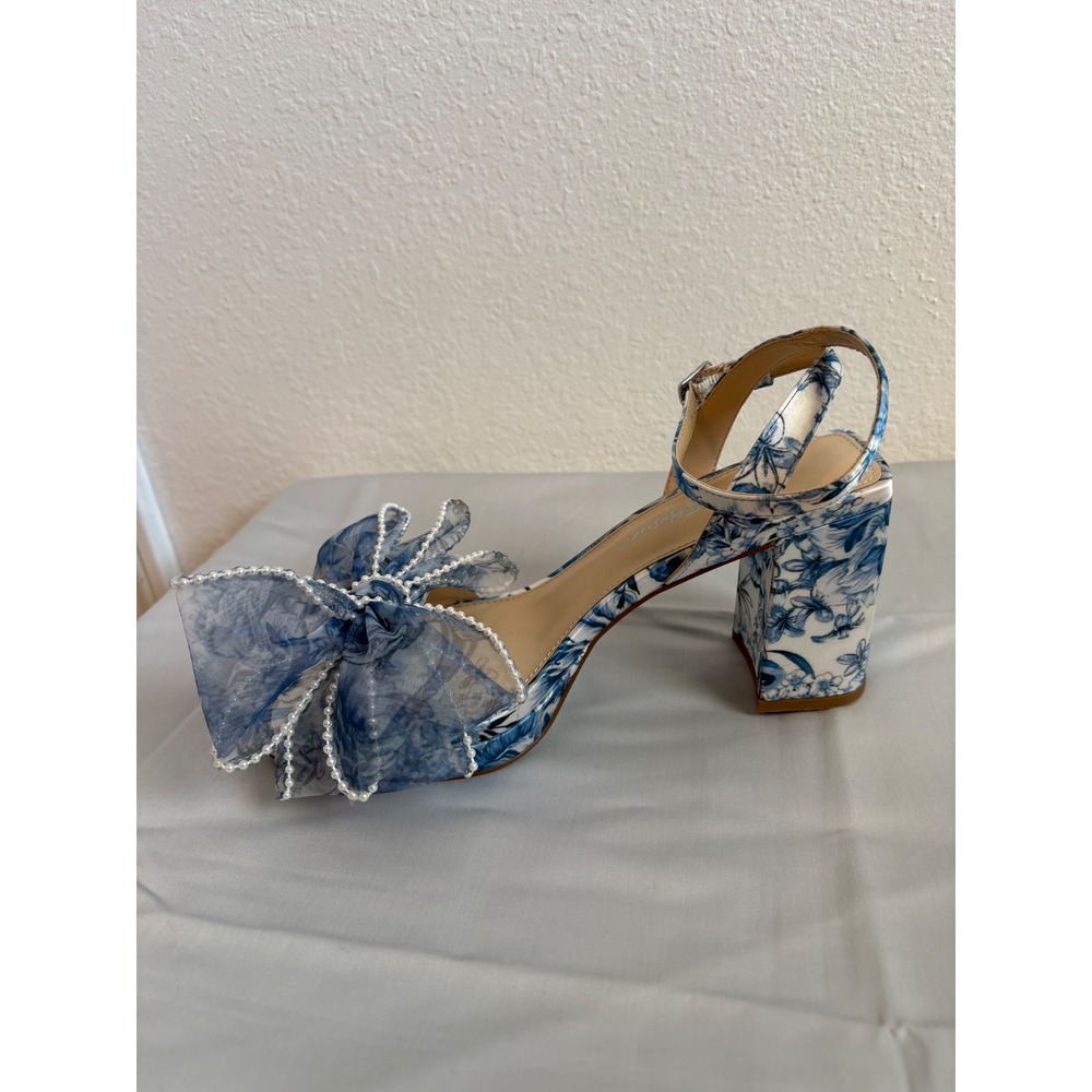 Betsey Johnson 7.5 SB-Duke platform block heels floral blue white open toe bow - Picture 6 of 12
